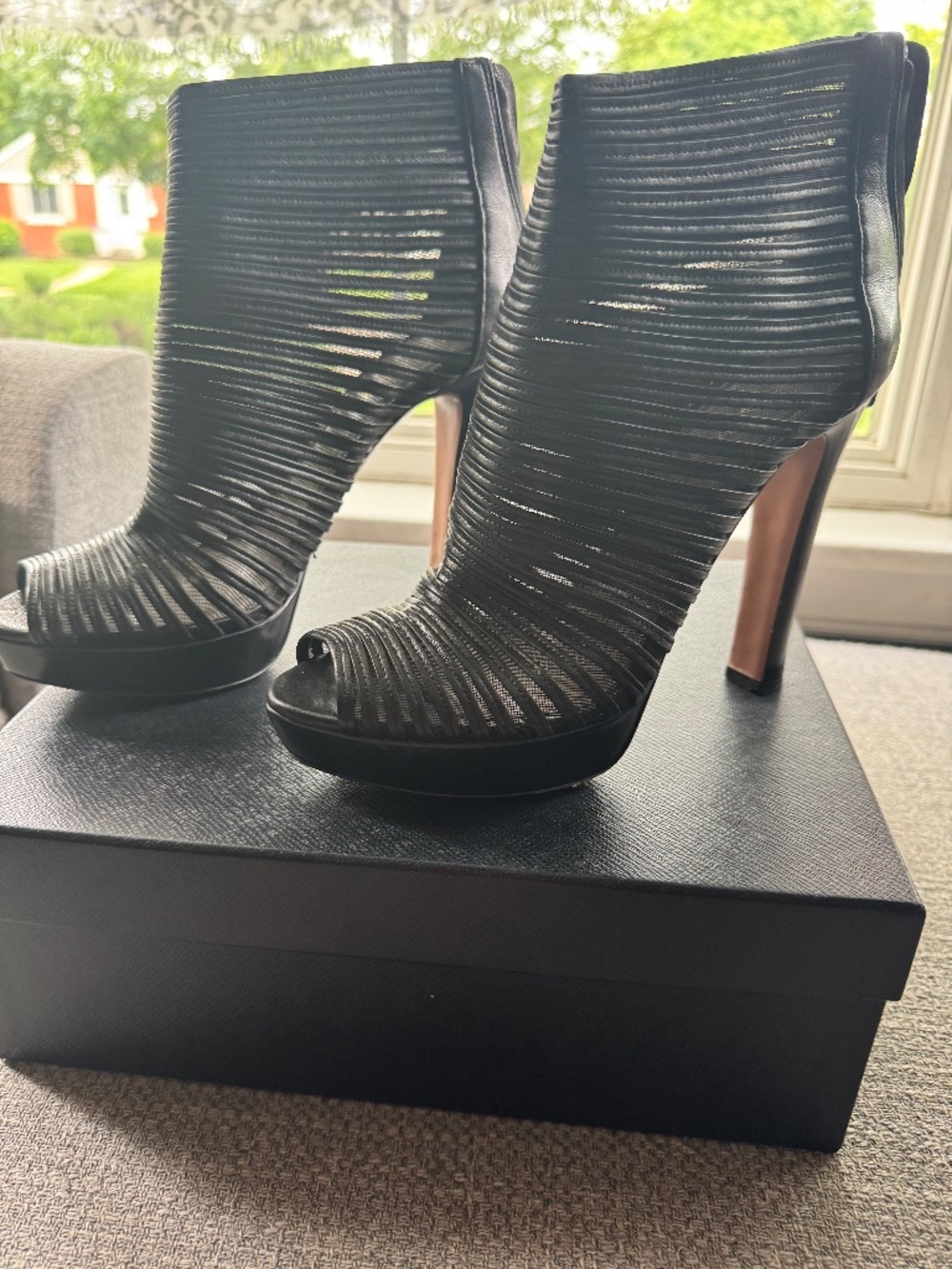 Prada Black Leather Pleated Cage Peep Toe Ankle Booties Sz 10/EU 40